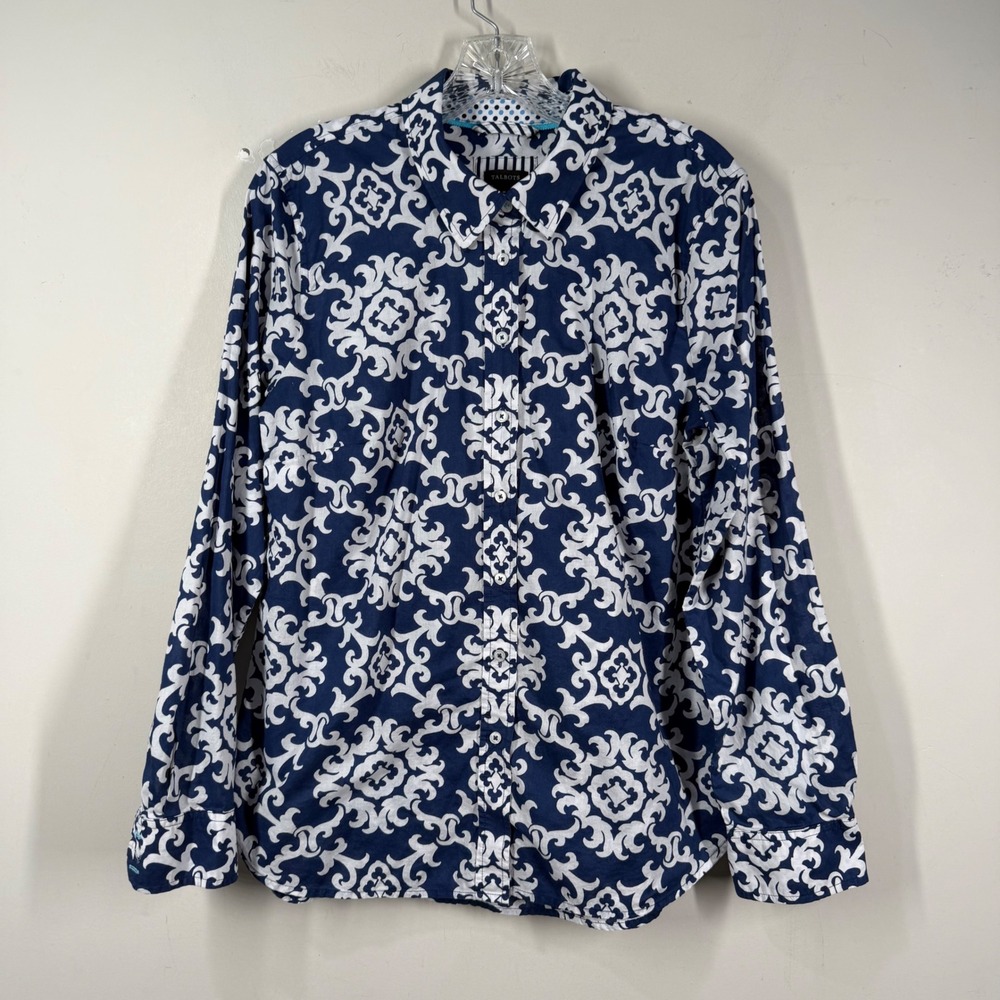 Talbots Womens Navy Blue White Damask Print Cotton Button Down Shirt Blouse Sz M